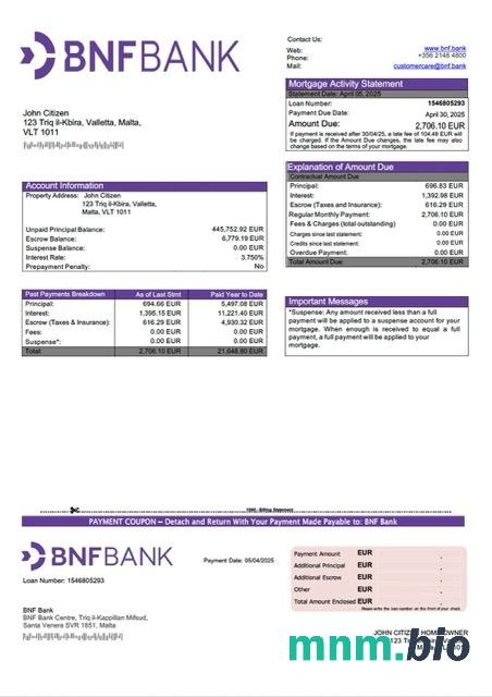 Malta BNF Bank wyciąg z kredytu hipotecznego szablon Word i PDF